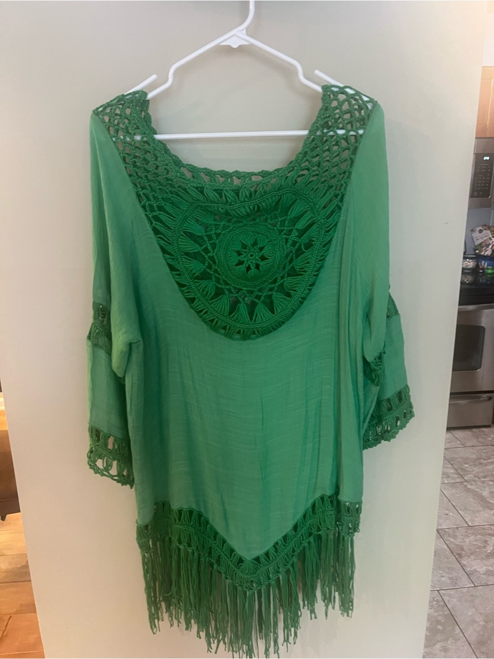 Boho Crochet-Trim Green Swim Coverup with Fringe